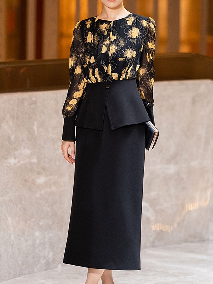 Deux Pièces Ensembles de Robes Robe de Mère de Mariée  Élégant ancien Col ras du cou Longueur thé Chiffon manche longue avec Imprimé de 2025 ? $99.99 –P6