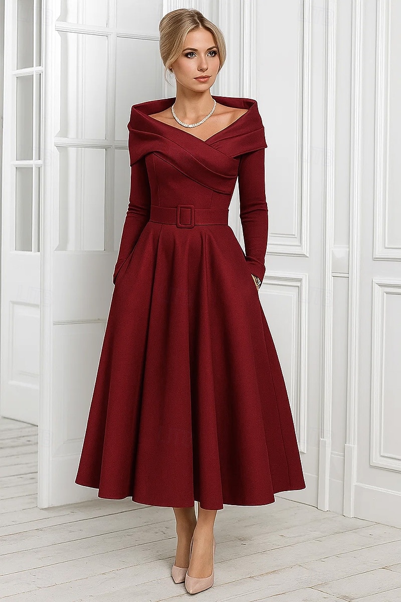 A-Line Tea Length Cocktail Dresses Party Dresses Elegant Long Sleeve Off  Shoulder Garden Party Wedding Stretch Satin with Pleats 2026 - $172.99