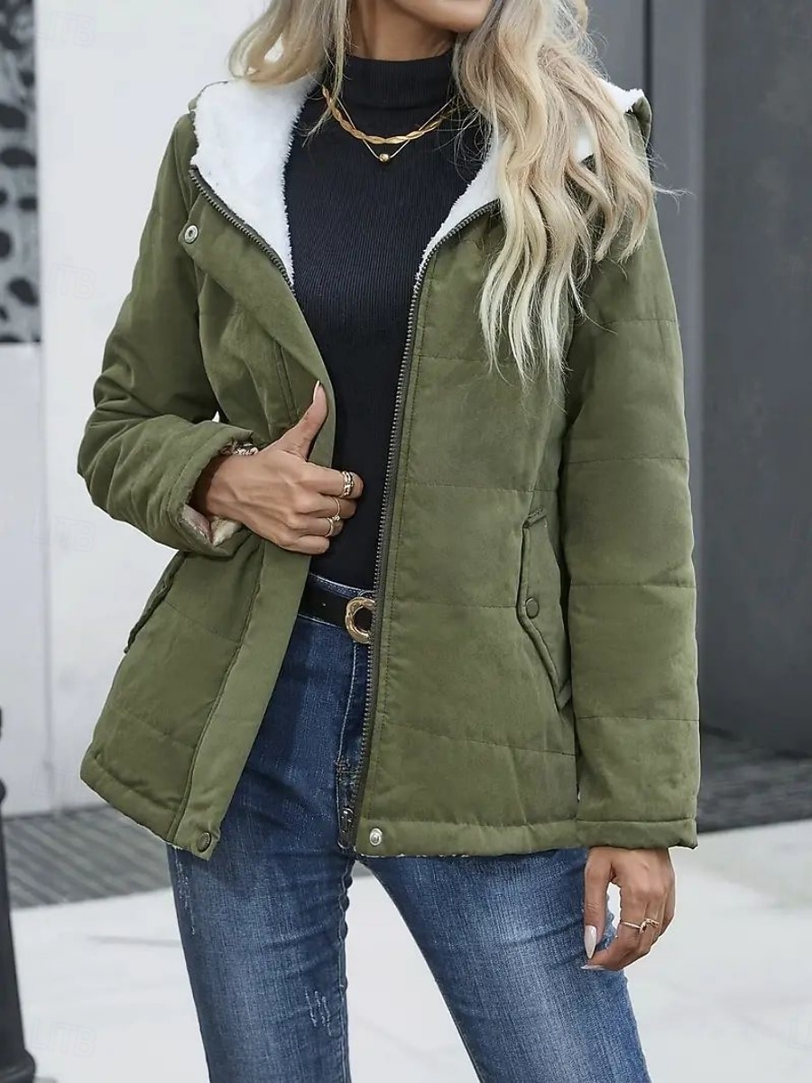 Dam Vinterkappa Fleece-jacka Bekväm Andningsfunktion Ficka Ledigt Slät Semester Gata Ledigt Dagliga kläder Dragkedja Normal Huva Normal Långärmad Ytterkläder Svart Blå Kaki Vår Höst 2025 - $35.99 –P2