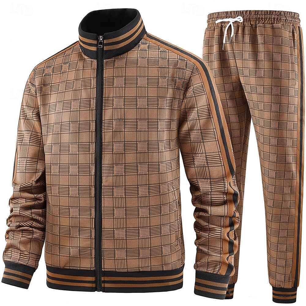 Herr Rutig Geometrisk 2st 3D-tröja set Träningsoverall Zip Up sweatshirts Långärmad Långa byxor Hög krage Ledigt vardag Utomhus Semester Sport Dragkedja 3D-utskrift Vår Höst Mörkbrun Brun Aprikos 2025 - $46.99 –P1