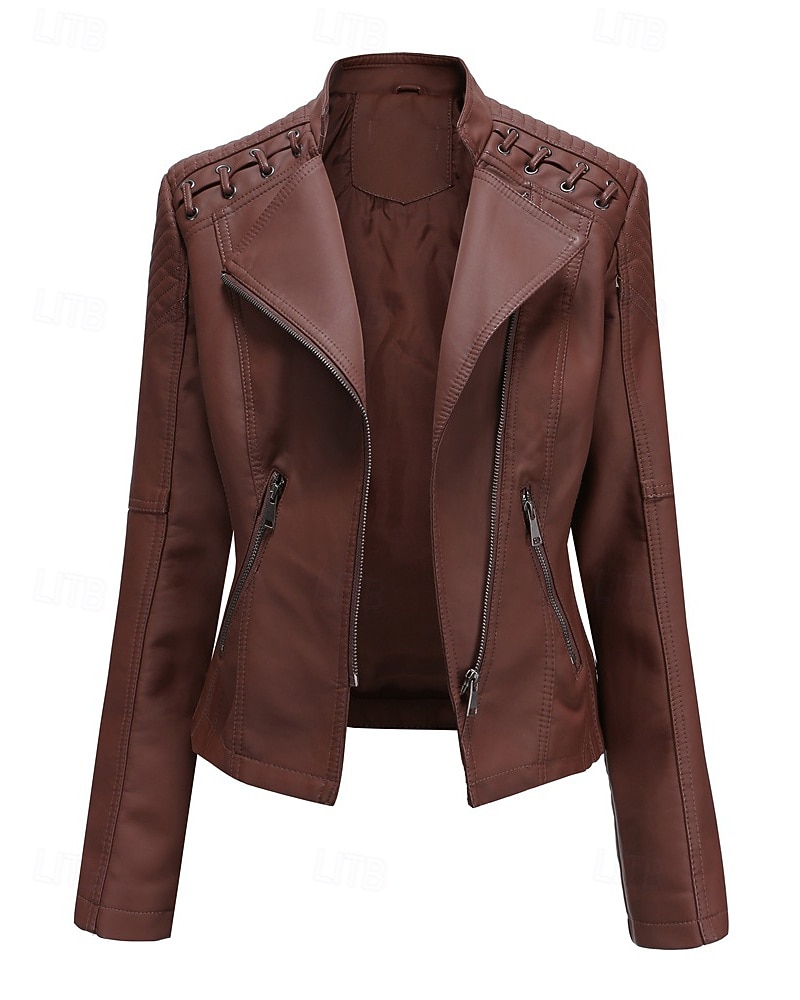 Per donna Giacca in Ecopelle Confortevole Cerniera Tasca Casual Semplice Vacanza Abbigliamento quotidiano Uscire Weekend Regolare Collo ripiegato Vestibilità regolare Manica Lunga Capispalla Nero del 2025 a $53.99 –P4