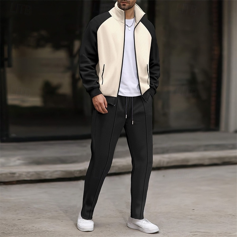 Men's Sweatshirt Tracksuit Outfit Set Stand Collar Outdoor Daily Sports Drawstring Zip Up Pocket Color Block White Brown Khaki Polyester Activewear Fashion Streetwear Spring 2025 - $36.99 –P4