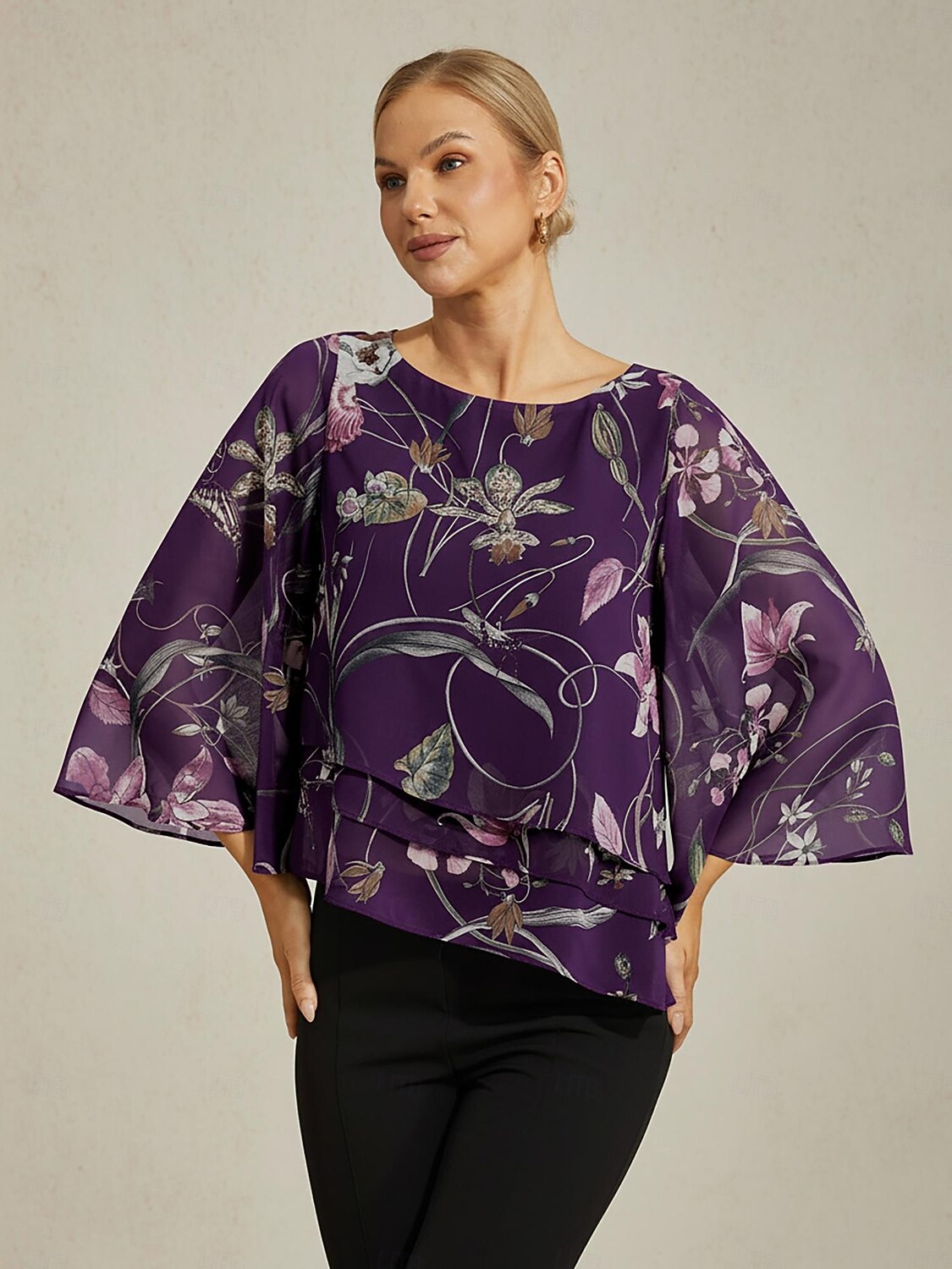chemisier femme en mousseline transparente imprimé floral violet foncé manches mi-longues ourlet superposé col rond pull de 2025 ? $61.99 –P2