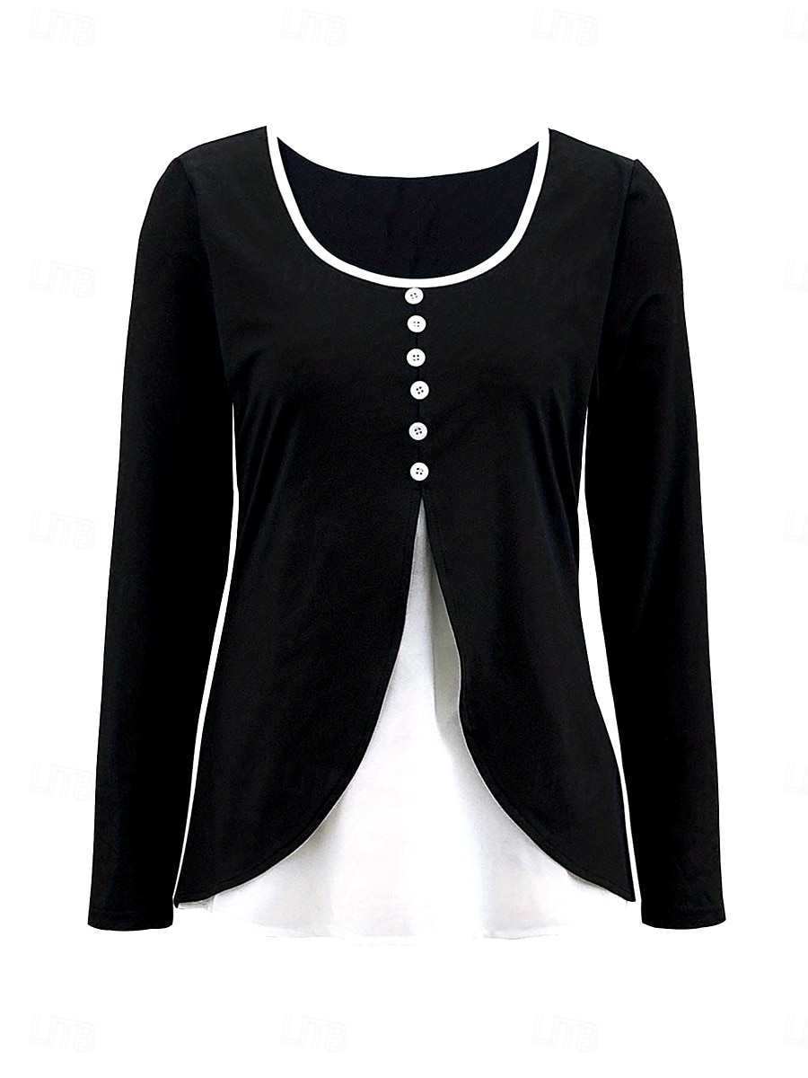 Γυναικεία Μπλουζάκι Κουμπιά Στάμπα Σε επίπεδα Συμπαγές Χρώμα Συνδυασμός Χρωμάτων Σκέτο Βίντατζ Στυλάτο Κλασσικό Μακρυμάνικο Στρογγυλή Ψηλή Λαιμόκοψη Κανονικά μπλουζάκια Καθημερινά Μαύρο και Άσπρο 2026 - $27.99 –P2