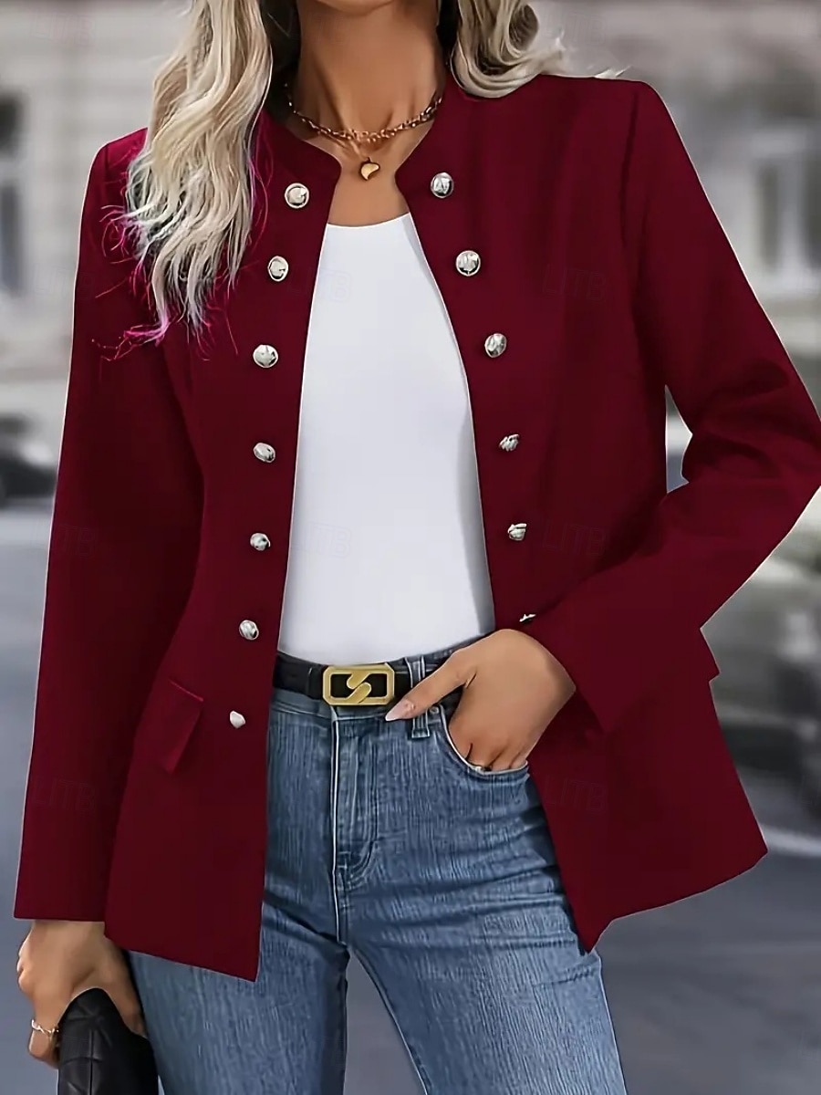 Women's Blazer Comfortable Breathable Pocket Buttons Casual Plain Casual Office Street Daily Wear Single Breasted Regular Stand Collar Regular Fit Long Sleeve Outerwear Black White Wine Spring Fall 2026 - $28.99 –P7