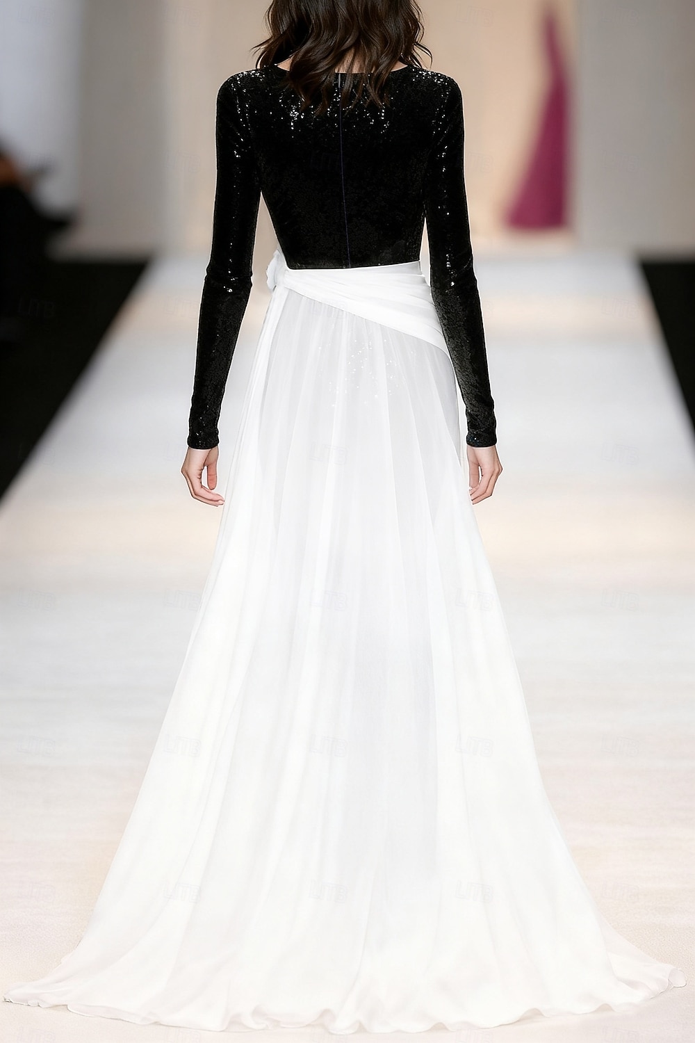 schwarz-weißes Etui-/Säulen-Abendkleid mit Pailletten, elegantes Abendkleid, formelle Hochzeit, bodenlang, lange Ärmel, V-Ausschnitt, Chiffon mit Glitzer 2025 2025 - $149.99 –P2