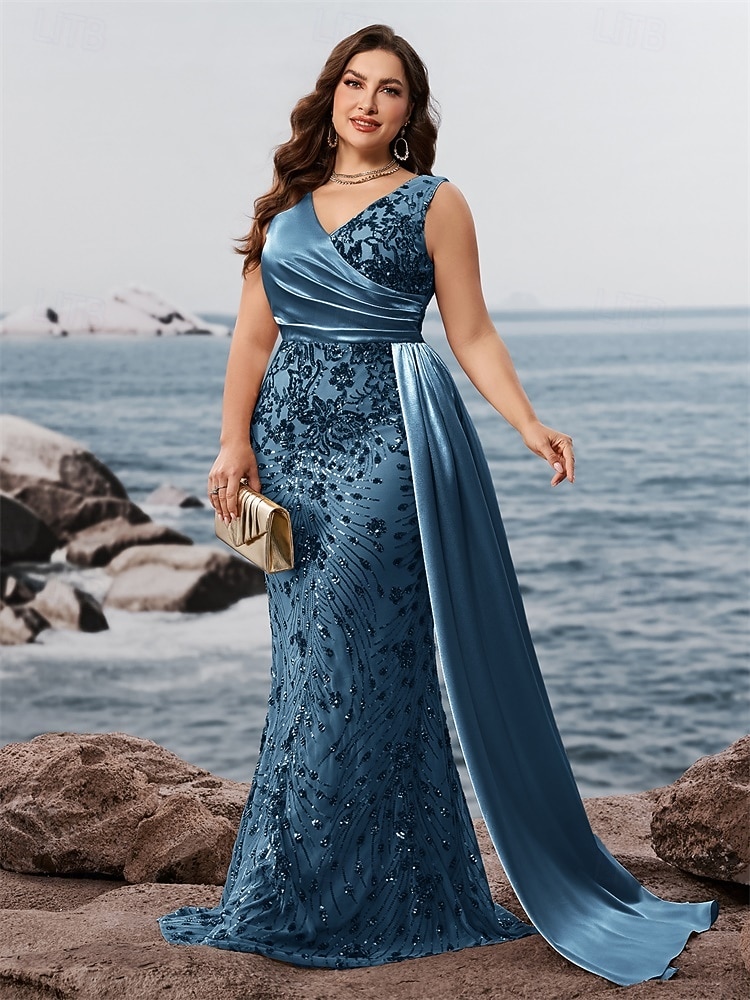 sereia / trompete vestido de noite vestido formal brilhante festa à noite roupa de festa comprimento longo sem mangas decote em v capas com lantejoulas costas em v com xale de lantejoulas de 2025 por $147.99 –P5