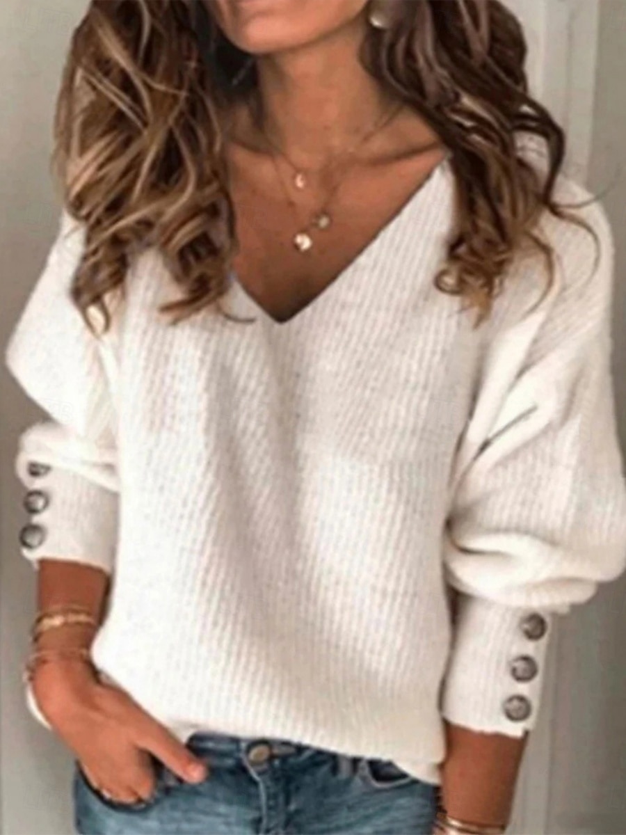Femmes Pull Occasionnel Doux Couleur Unie Côtelé Col en V Boutons Tricoté manche longue Hauts Réguliers Tricoter Extérieur Quotidien Week-end Noir Blanche Automne Hiver de 2025 ? $19.99 –P4