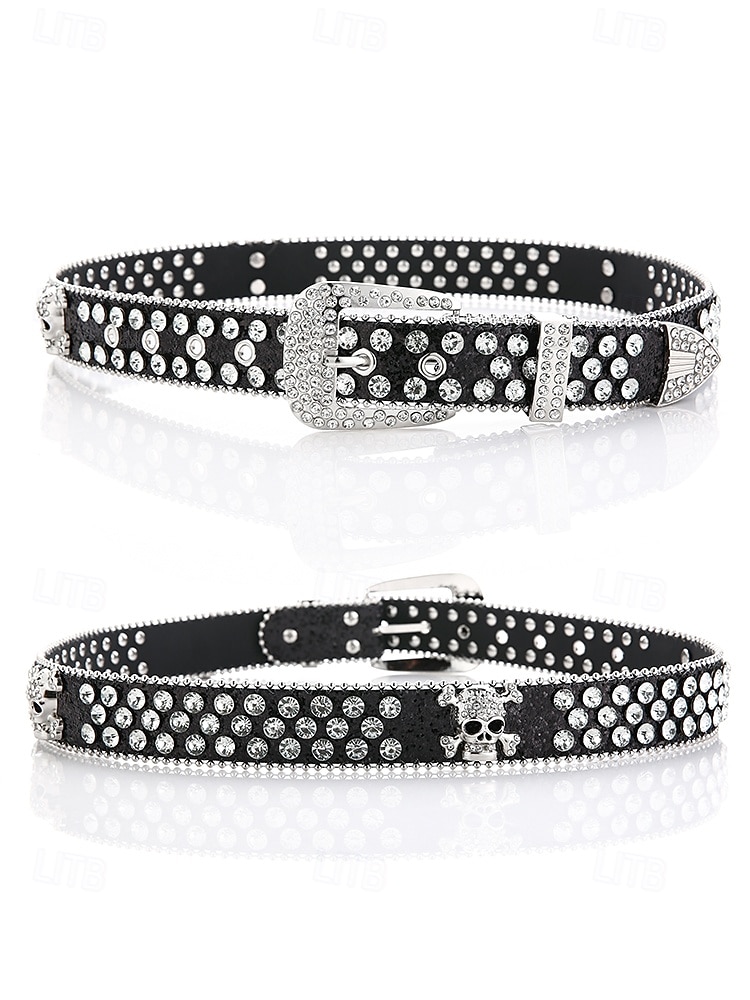 Ceinture unisexe Halloween en strass avec tête de mort – Accessoire de taille en similicuir punk rock scintillant pour fêtes, concerts et costumes de 2025 ? $18.99 –P7