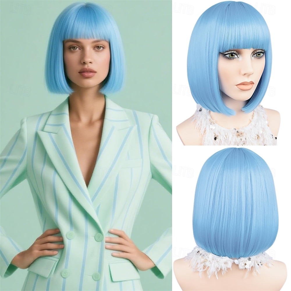 Peruca bob azul com franja curta e reta, peruca de cabelo sintético de 12 polegadas com aparência natural para uso diário em festas # azul bebê de 2026 por $16.49 –P1