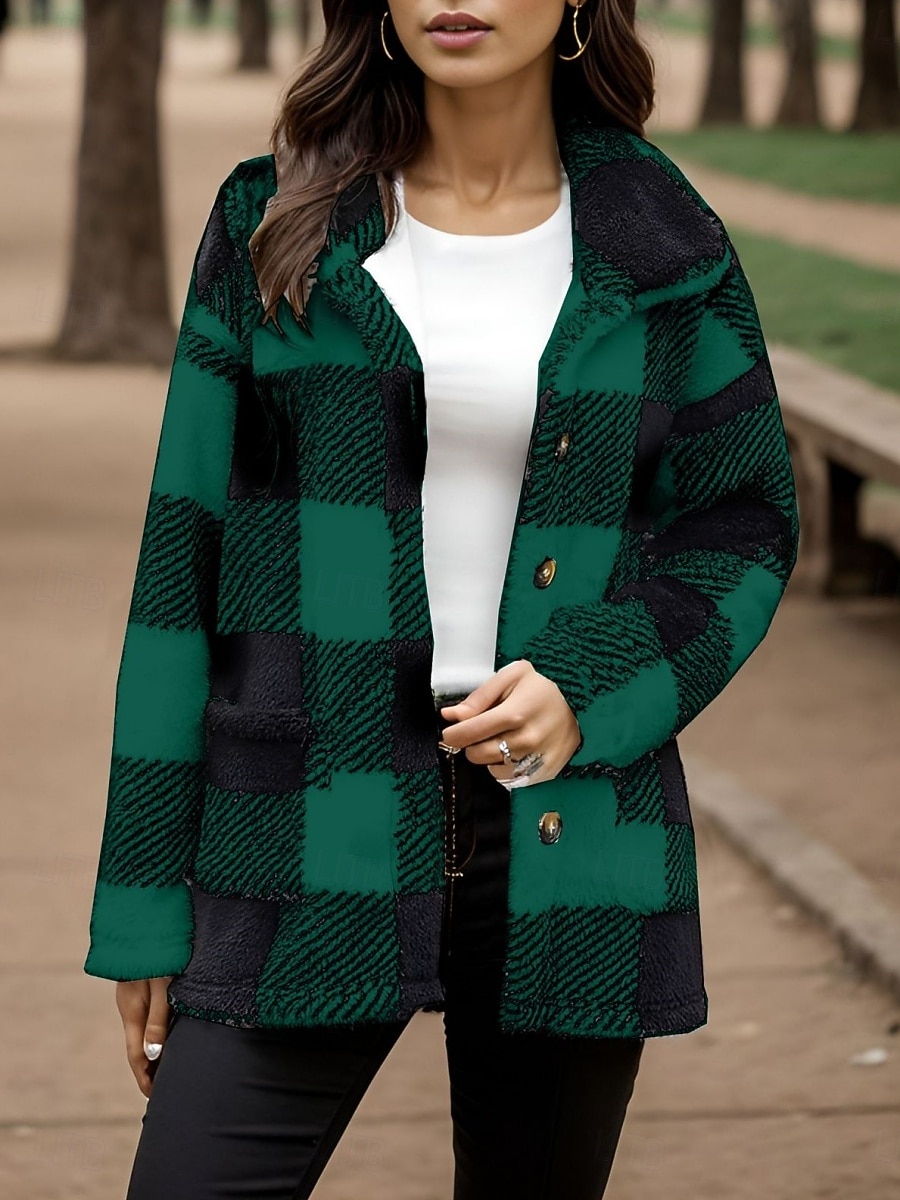 Dam Fleece-jacka Sherpajacka Vardaglig jacka Bekväm Andningsfunktion Ficka Knappar Mönster Ledigt Rutig Semester Gata Ledigt Dagliga kläder Enkelknäppt Lång Nedvikt Normal Långärmad Ytterkläder Svart 2025 - $28.99 –P2