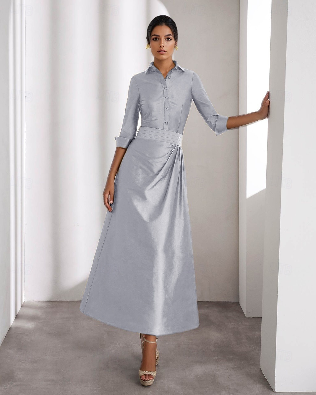 A-linje Ankellengde Skjortekjole Festkjole Cocktail Kjole Kjole til brudens mor Langermet Skjortekrage Elegant Bryllup Formell Taft med Plissert Spalte 2026 - $157.99 –P9