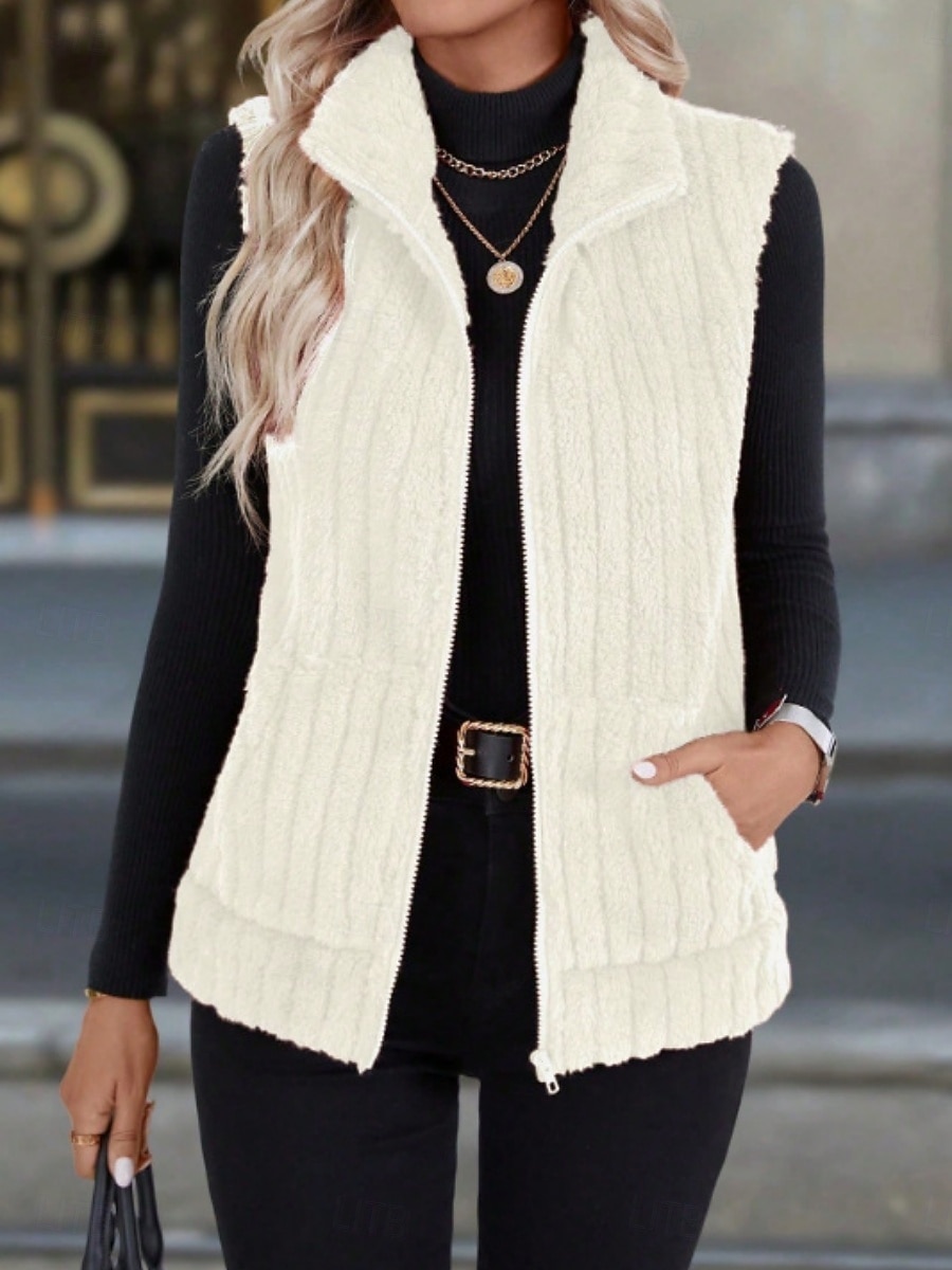 2025年 女性用 フリースベスト 快適 高通気性 ジッパー カジュアル 平織り バケーション ストリート カジュアル デイリーウェア ジッパ－ ショート 折襟 レギュラー ノースリーブ アウターウェア ブラック ルビーレッド ブルー 春 秋  コレクション – $25.99 –P11