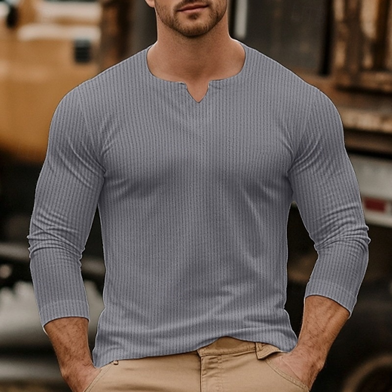 Men's Men V Neck Rib-knit Tee Ribbed Knit tee Tee Top Long Sleeve V Neck Summer Spring Fall Plain Jacquard Modern Casual Comfortable Buttons Basic Home Street Casual Black khaki Beige Top Tee for Men 2025 - $27.99 –P3