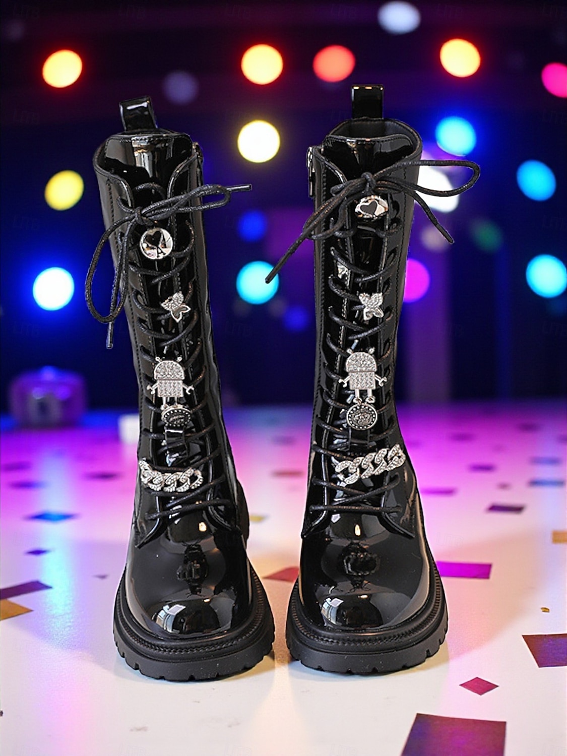 Koreai idol ihlette popsztár jelmezcipő, lányka fekete lakkbőr fűzős, térdig érő csizma oldalsó cipzárral, táncelőadásokhoz és színpadi ruhákhoz 2025 - $69.99 –P2