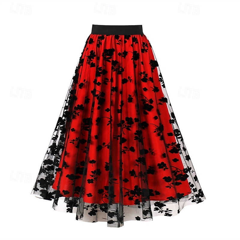 Dam Kjol Gunga Mode Ledigt Maxi Mellanhög midja Kjolar Blommig Sparkle Tulle Microelastisk Semester Halloween Röd Orange Kaki Vår Polyester 2025 - $34.99 –P4