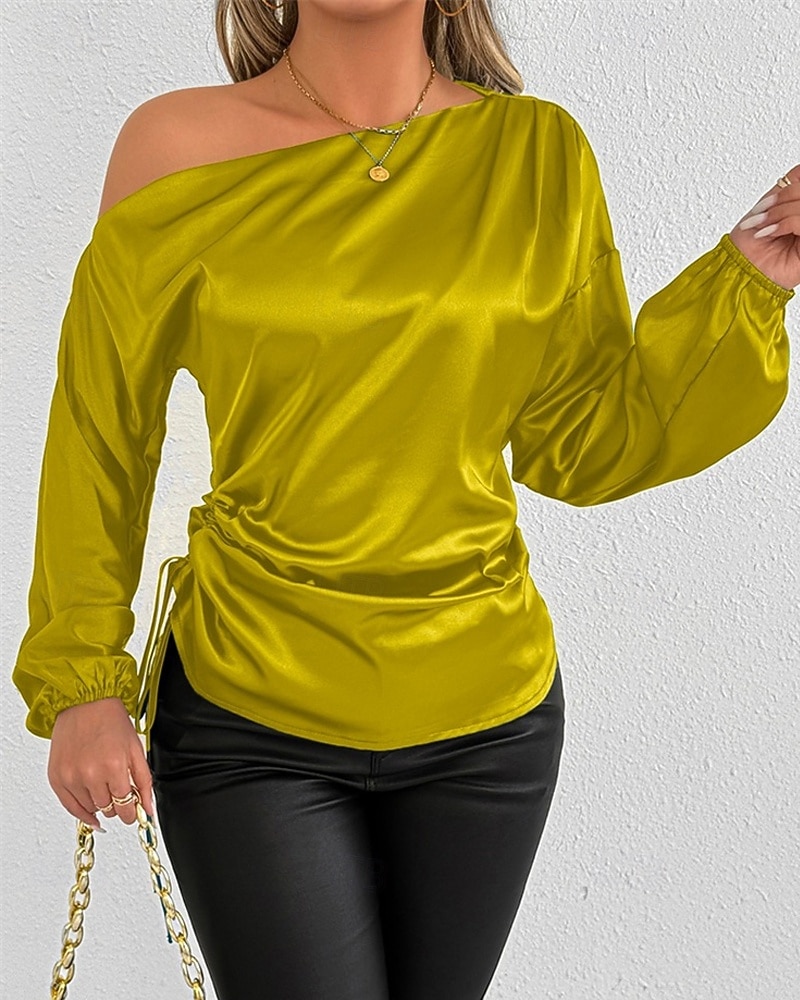 Dames Overhemd Satijnen overhemd Effen Kleur Stijlvol Casual Lange mouw koude schouder Normale tops Dagelijks Uitgaan Asymmetrisch Geel Bruin Lente Herfst 2025 - $24.99 –P10