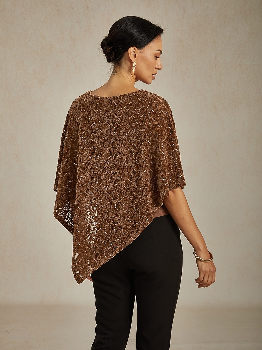Damskie Bluzka Ponczo Bluzki koronkowe Cekiny Koronka iluzjonistyczna Elegancja Zabytkowe Półgolf Zwykłe topy Wieczorna impreza Gość weselny Stroje na imprezy wieczorowe Brązowy Wiosna Jesień 2026 - $87.99 –P3
