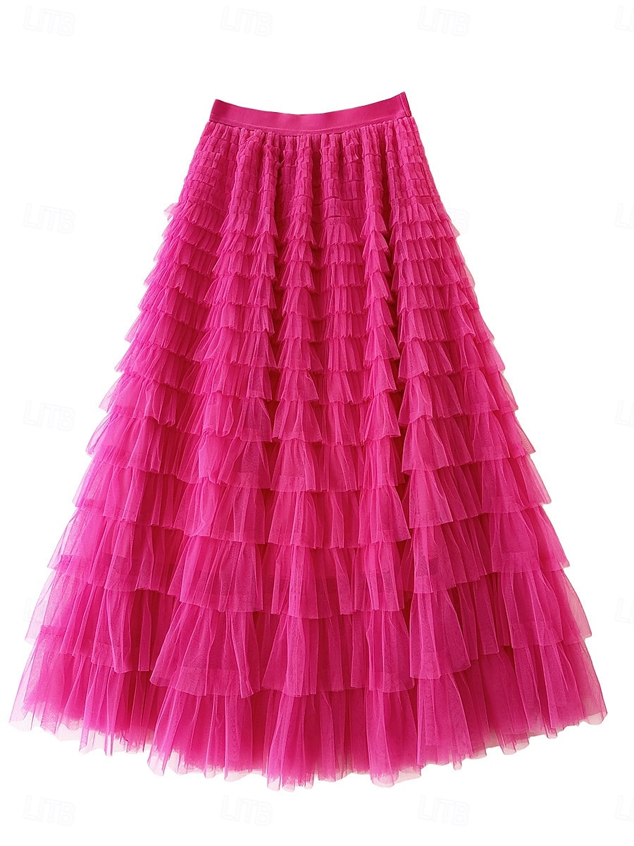 Femmes Jupe Trapèze Élégant Mode Occasionnel Maxi Taille haute Jupes Uni Superposé Micro-Élastique Soirée Rue Vin Noir Blanche Rose Printemps Chiffon Tulle de 2025 ? $29.99 –P5