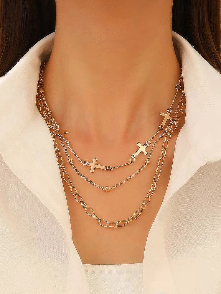 Collar de cruz navideña para mujer, cadena de oro en capas con colgante de perla y diamantes de imitación, elegante joyería navideña para fiestas, bodas y regalos. 2026 - $5.99 –P6