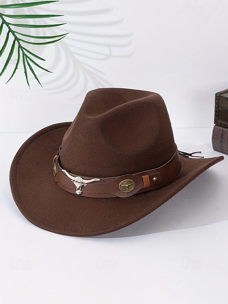 Chapéu de cowboy masculino com faixa de cabeça de touro – chapéu fedora vintage de feltro com aba larga para rodeio, estilo ao ar livre e presente de Natal de 2026 por $29.99 –P4