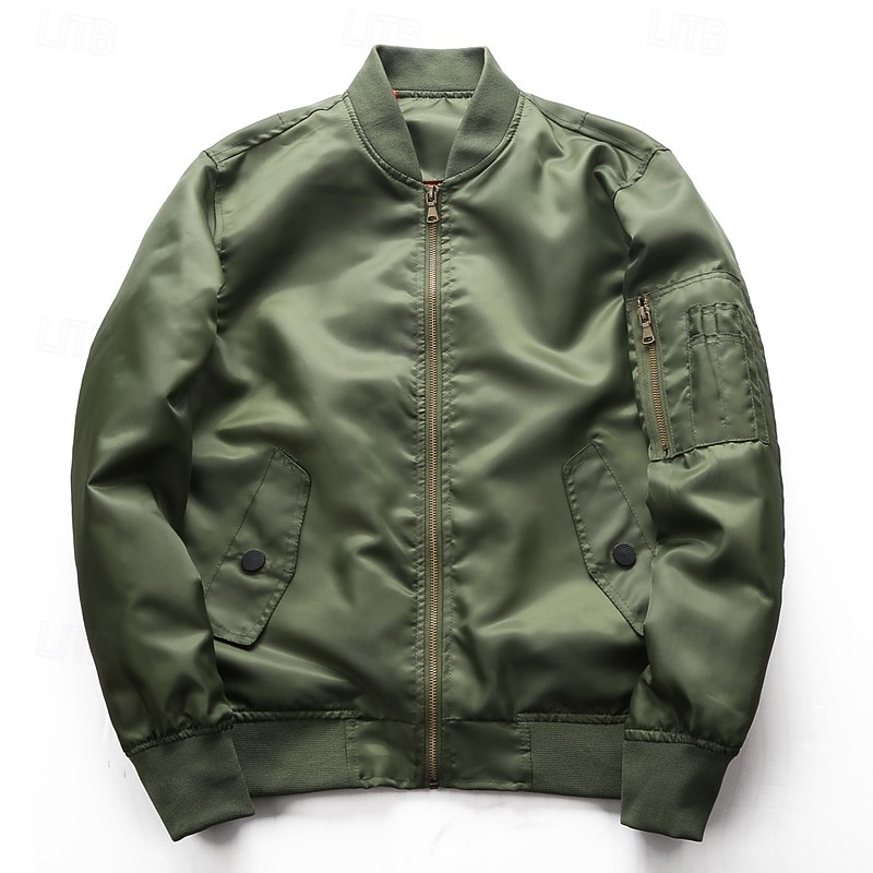 בגדי ריקוד גברים מעיל טייסים מעיל צבאי רשמי בית בולם רוח כיס רגיל אביב סתיו צבע אחיד פעיל ניטראלי ללא צווארון קצר שחור פול תלתן Jackets 2026 - $45.99 –P4