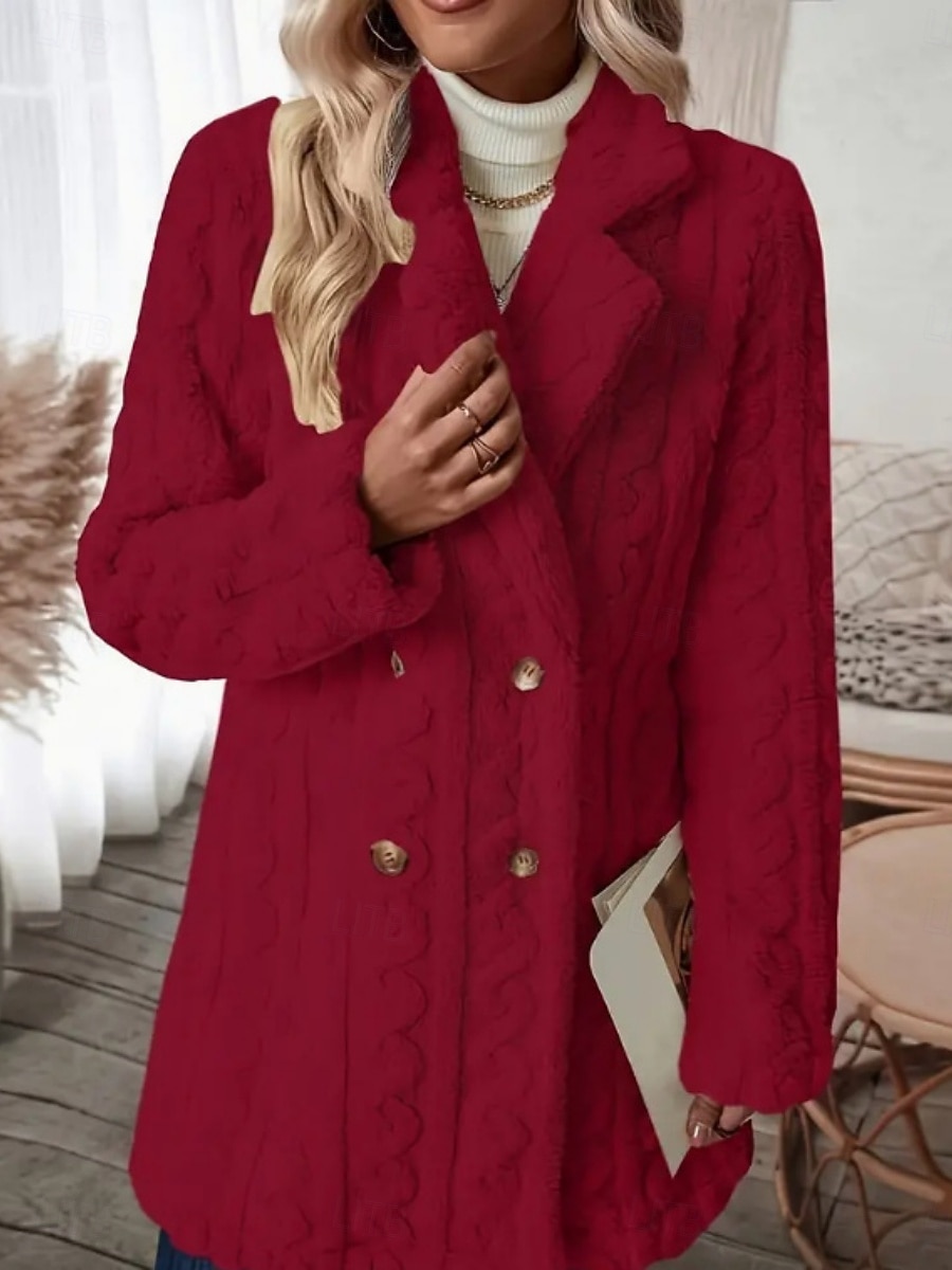 Dames Fleecejack Teddy jas Houd Warm Ademend Zak Met fleece gevoerd Casual Effen Vakantie Straat Casual Alledaagse kleding Dubbele rij knopen Lang Ingesneden revers Normale pasvorm Lange mouw 2025 - $44.99 –P14