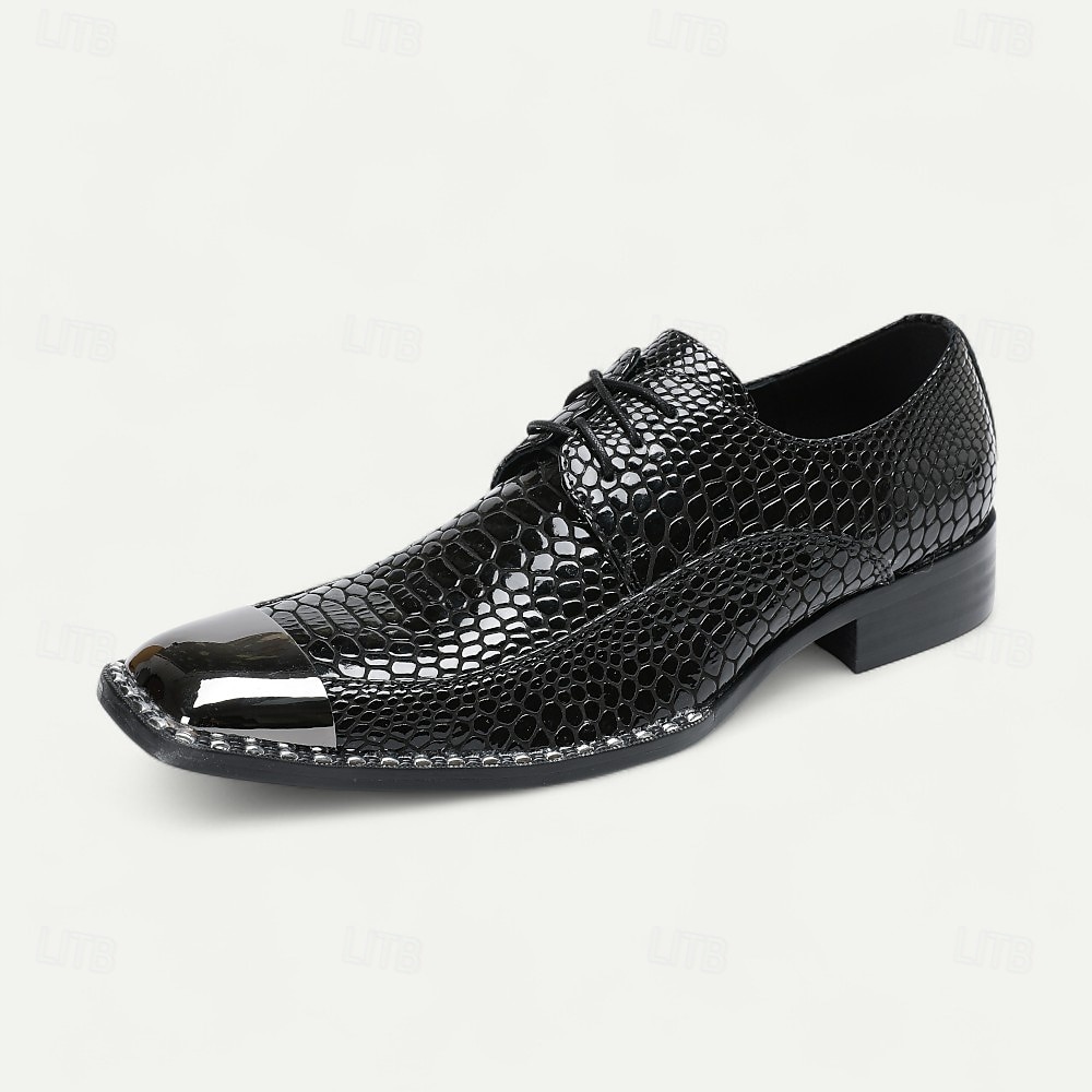 Sapatos sociais masculinos de couro legítimo bordô com estampa de cobra e cadarço e biqueira de metal – sapatos da moda para banquetes e coquetéis de 2026 por $129.99 –P16