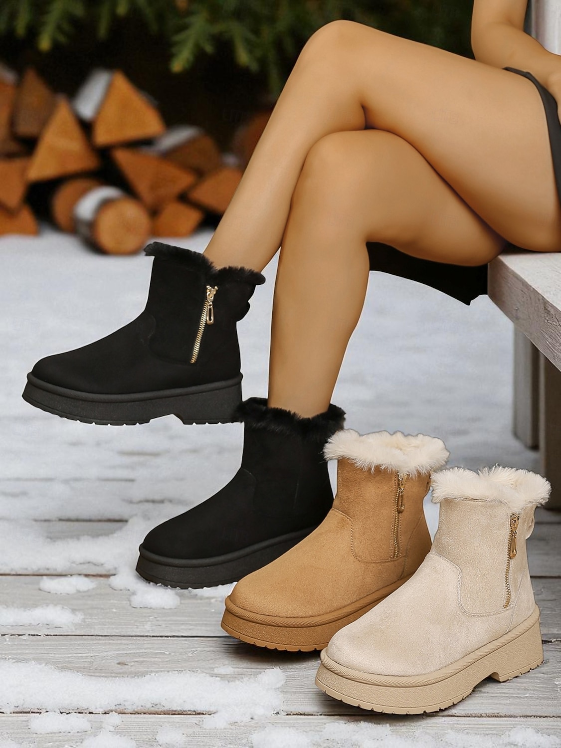 Bottes de neige décontractées en similicuir pour femme avec fermeture éclair latérale et bordure en fourrure – chaussures d'hiver confortables et décontractées de 2025 ? $32.99 –P7