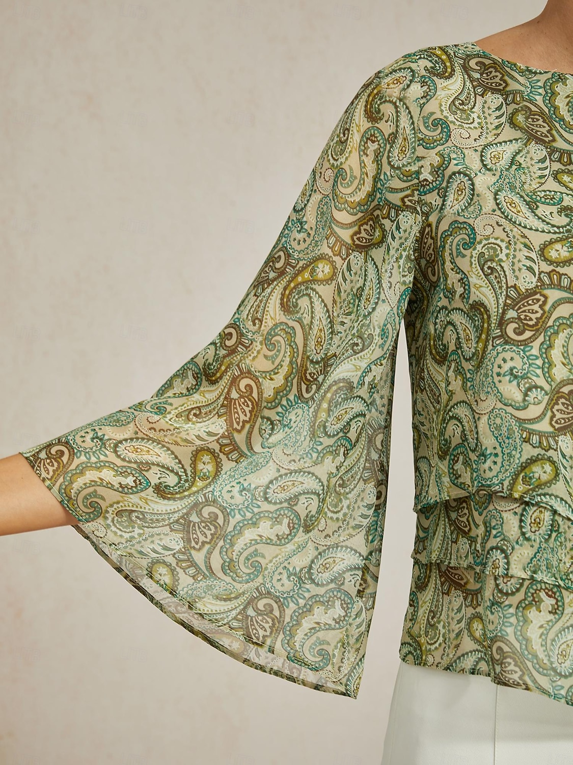 Women's Blouse Green Paisley Floral Layered 3/4 Sleeve Loose Fit Round Boat Neck Casual Elegant Spring Summer 2025 - $61.99 –P2