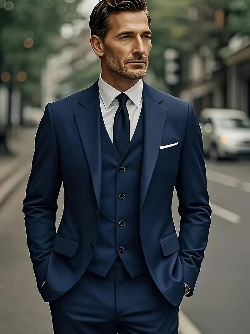 Heren Bruiloft Trouwpakken Ingesneden revers Zwart Bordeaux Jurken Effen Standaard pasvorm 3-delige set Enkele rij knopen met twee knopen 2025 - $129.99 –P1