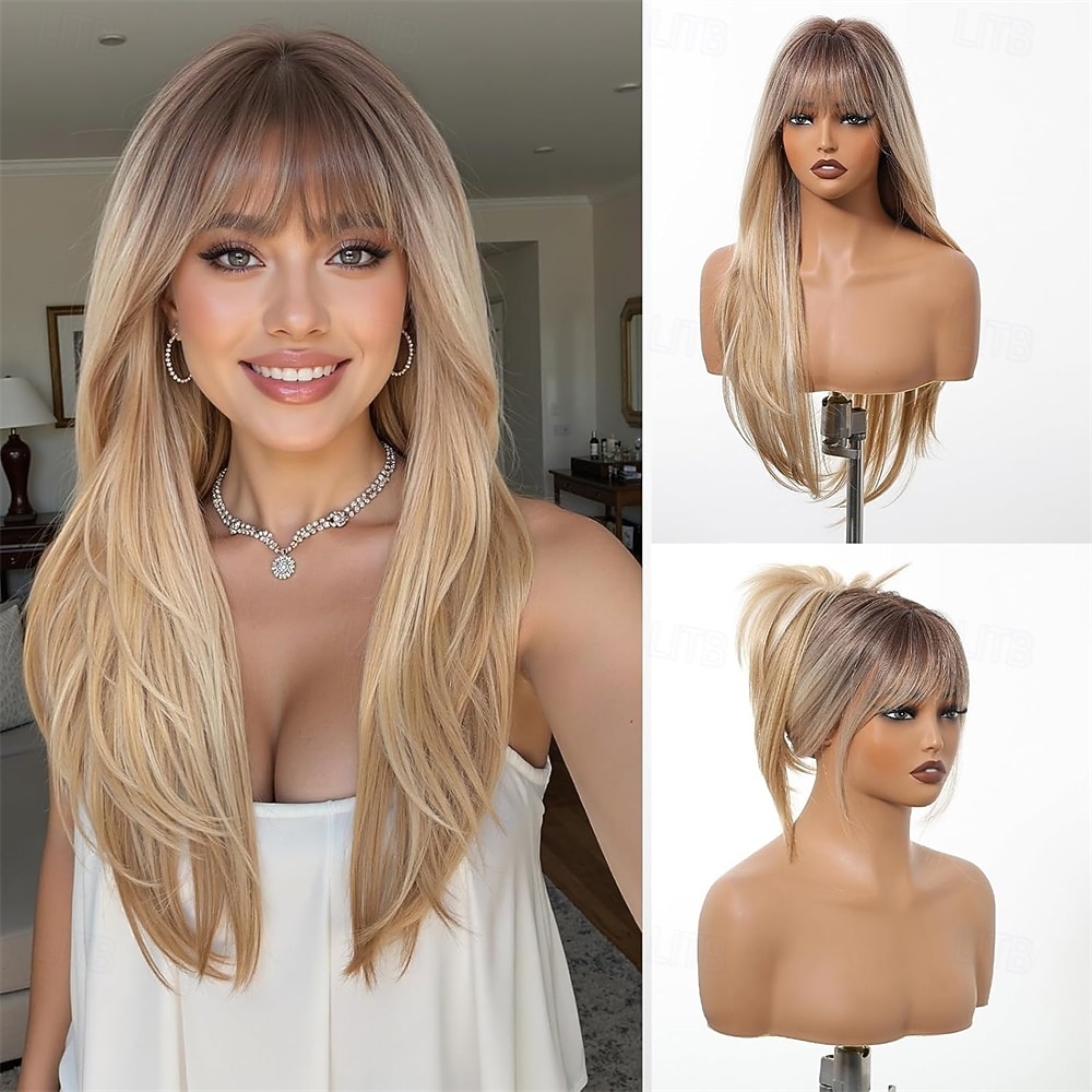 2026年 前髪付きロングブロンドストレートウィッグ、ロングオンブレブロンド合成レイヤーウィッグ、女性用デイリーユース26インチ  コレクション – $23.99 –P1