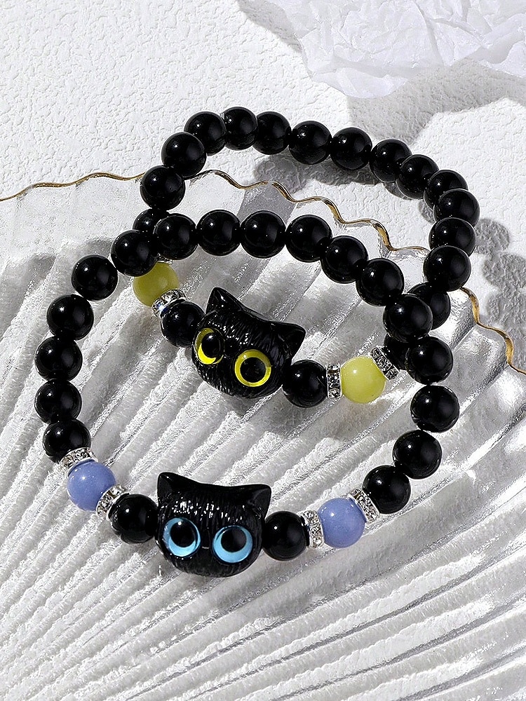 Dámský halloweenský korálkový náramek s kočkou, který svítí ve tmě – roztomilý černobílý strečový náramek s kočičím přívěskem na párty, cosplay a dárky 2026 - $5.99 –P5