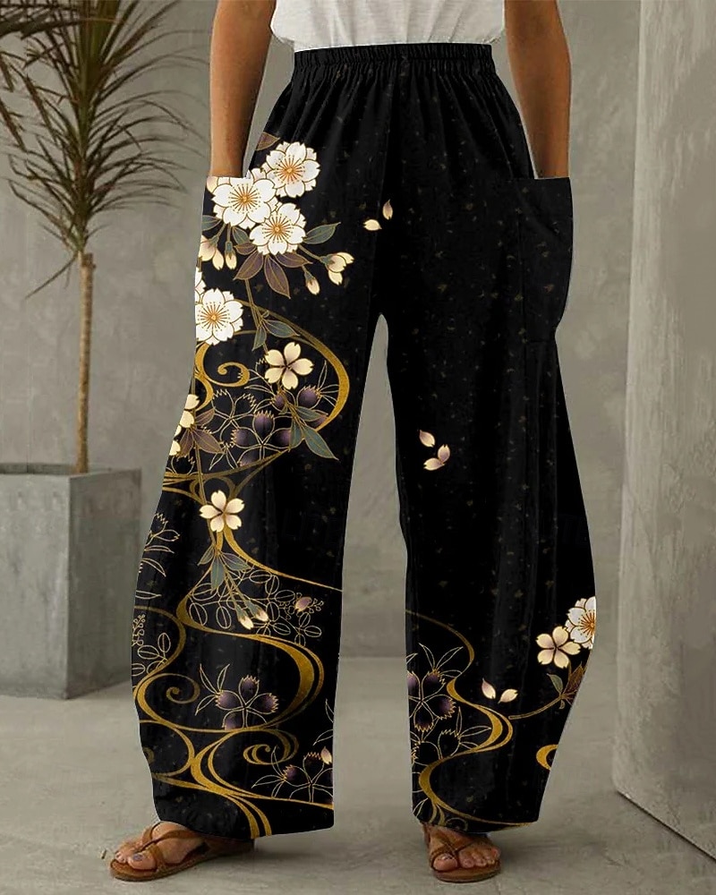 Damen Weites Bein Hosen Hose Urlaub Vintage Ethno-Stil Volle Länge Hohe Taille Blumen Tasche Elastischer Bund Druck Bequem Atmungsaktivität Unelastisch Lässig Täglich Urlaub Schwarz Sommer Frühling 2026 - $44.99 –P1