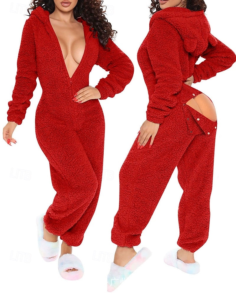 Dam Onesies Ledigt Komfort Comfrt Ren färg Ficka Jul Hem Långärmad Luvtröja Rodnande Rosa Vin Rubinrött Fuchsia Brun Vår Höst Vinter 2025 - $48.99 –P5