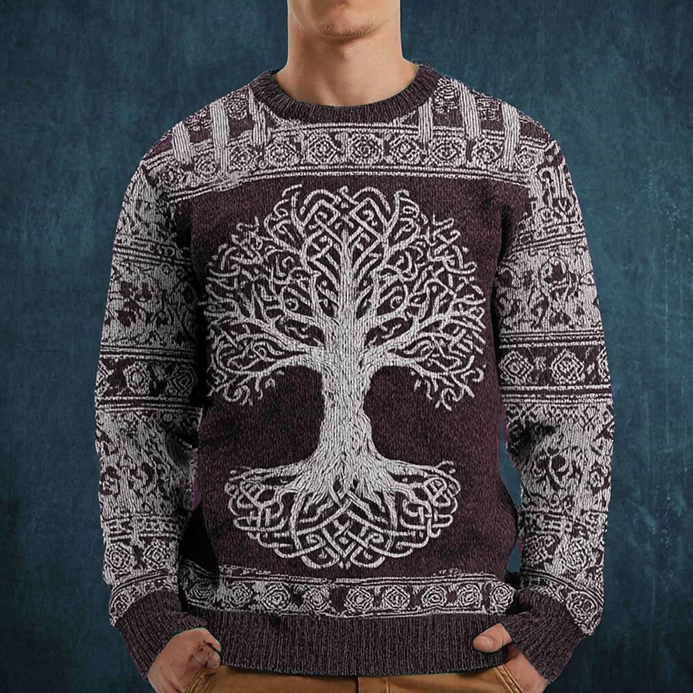 Pull Homme Arbre De Vie Celtique – Sweat Viking Tricot 3D Yggdrasil, Col Zippé, Patchs Coude – Gris/Marron