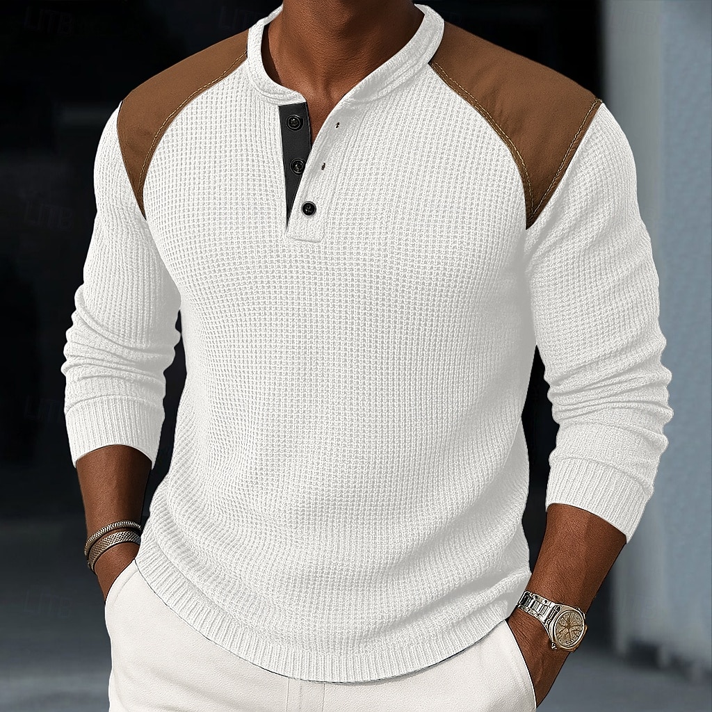 Hombre Camisa henley gofrada Camiseta superior Manga Larga Henley Primavera & Otoño Todas las Temporadas Bloque de color Moda Design Básico Puro Vacaciones Calle Casual Negro Blanco Azul Marino 2026 - $25.99 –P2