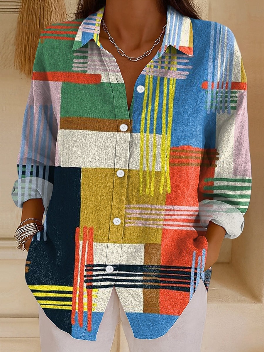 Damen Hemd Druck Grafik Geometrisch Stilvoll Modern Lässig Langarm Bischofsärmel Hemdkragen Normale Oberteile Täglich Ferien Blau Rosa Orange Grün Sommer Frühling 2026 - $36.99 –P1