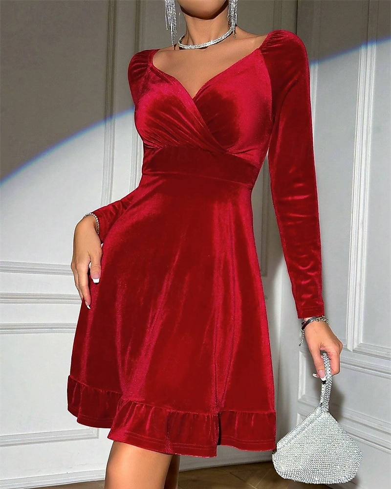 Mujer Vestido Midi Vestido de terciopelo Vestido Cóctel Elegante Moda Moderno Diario Exterior Fiesta de Noche Ajuste regular Plano Manga Larga Escote en Pico Rojo Primavera Otoño 2026 - $35.99 –P1