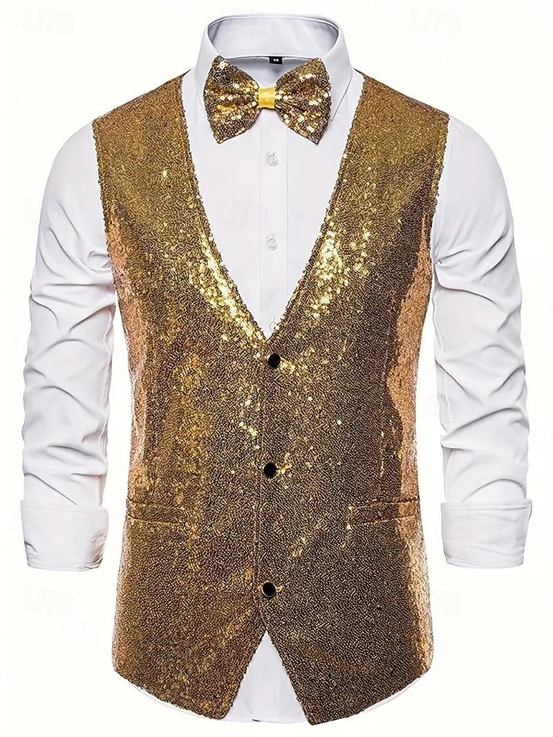gilet da uomo con scollo a V, tinta unita, nero, argento e oro, vestibilità su misura del 2025 a $39.99 –P2