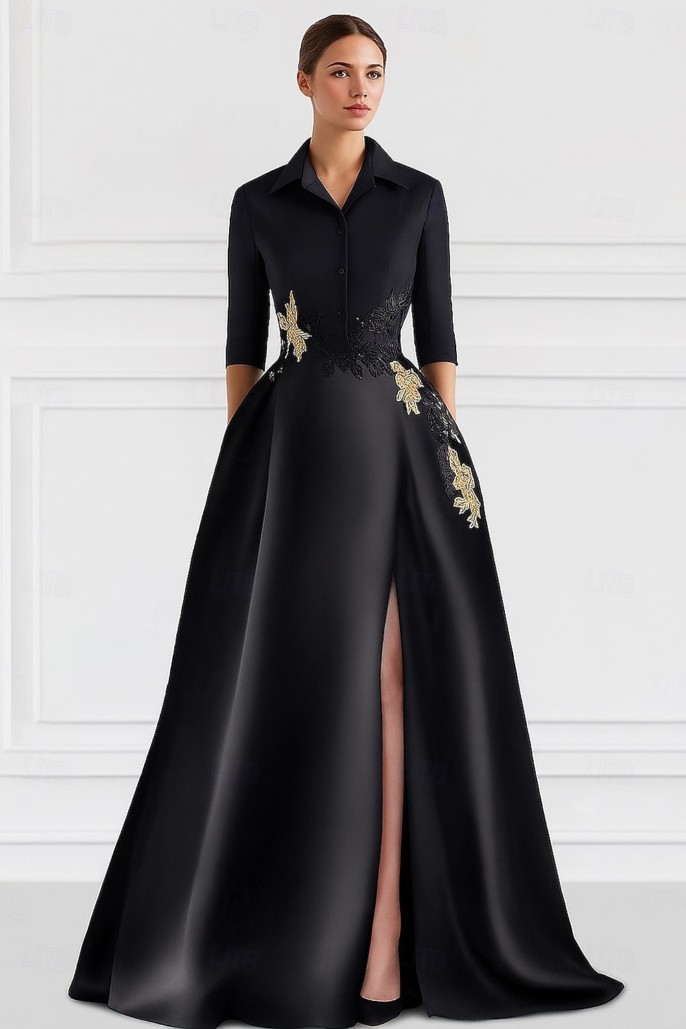 А-силуэт В пол Платье-рубашка Свадебное платье для гостей Вечернее платье Платье для матери невесты Рукав до локтя Рубашечный воротник Элегантный стиль Официальные Свадебный гость Сатин с 2026 - $178.99 –P1