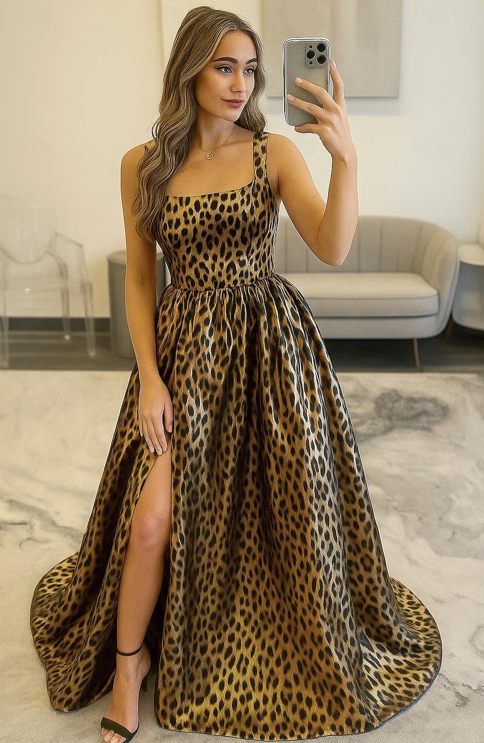 leopardmönstrad a-linjeformad aftonklänning elegant formell klänning formell golvlång ärmlös fyrkantig halsringning satin med blommigt tryck ficka 2025 2025 - $154.99 –P1