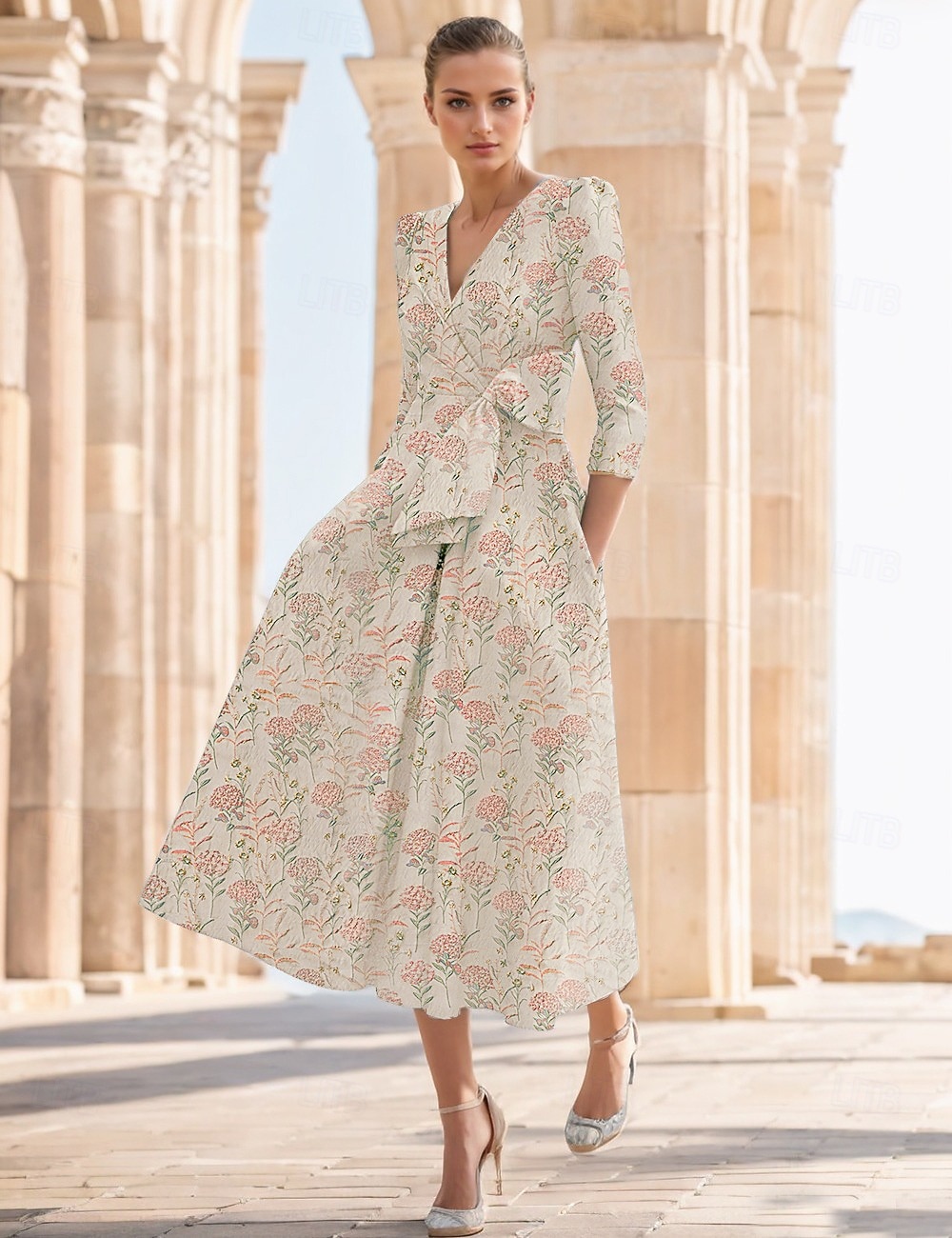 Linea ad A Abito Lunghezza alla caviglia Abiti da Cocktail Abiti da festa Elegante Vintage Mezza Manica Scollo a V Ospite di nozze Chiesa Staccabile Jacquard con Fiocco/Fiocchi Fiore del 2026 a $165.59 –P5