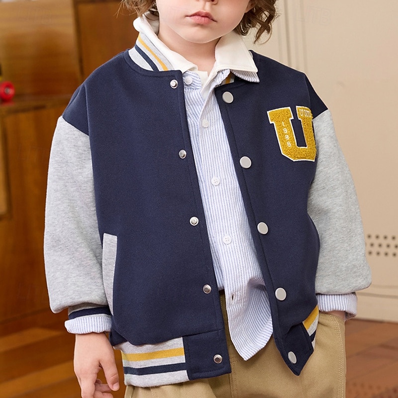 Barn Unisex Baseballjackor Ytterkläder Färgblock Långärmad Komfort Knappar Mjukt Täcka Utomhus Mode Dagligen Blå Grå Vår Höst 4 år + 2025 - $47.99 –P5