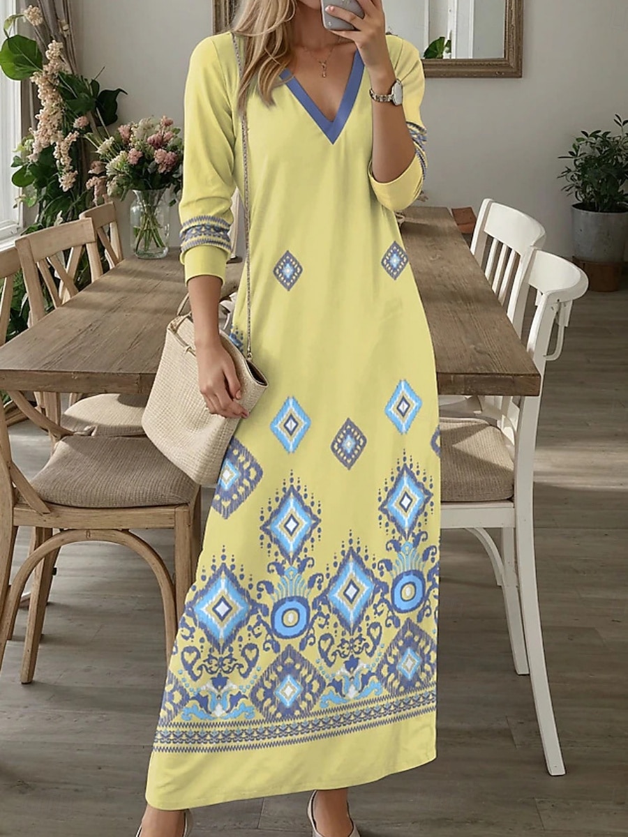 Damen Maxikleid A Linie Kleid Lässig Täglich Lässiger Schnitt Blumen Langarm V Ausschnitt Gelb Wein Rote Blau Frühling Herbst 2025 - $29.99 –P4