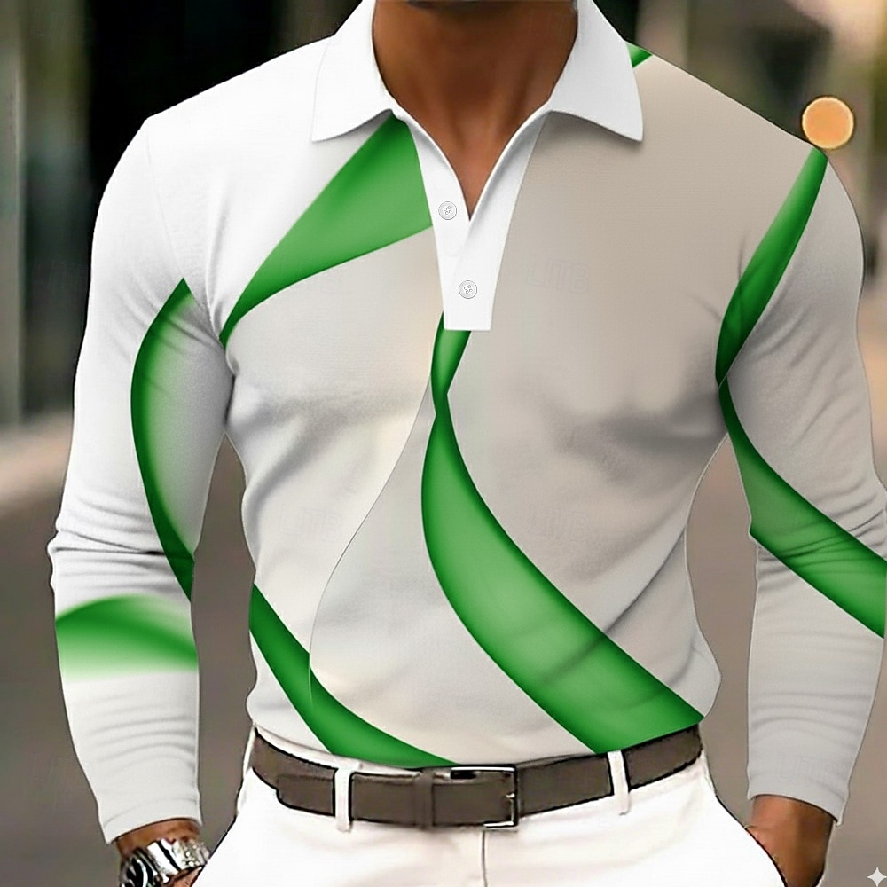 Men's Abstract Geometic Polo Long Sleeve Polo Shirts Lapel Business Casual Outdoor Street Athleisure Daily Wear 3D Print Buttons Spring Fall Winter Blue Gold Green 2026 - $22.99 –P3