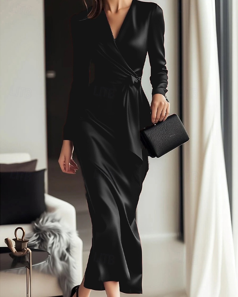 Damen Midikleid Partykleid Cocktailkleid Satinkleid Elegant Modern Party Abendgesellschaft Normale Passform Einfach Langarm V Ausschnitt Schwarz Wein Herbst Winter 2025 - $34.99 –P1