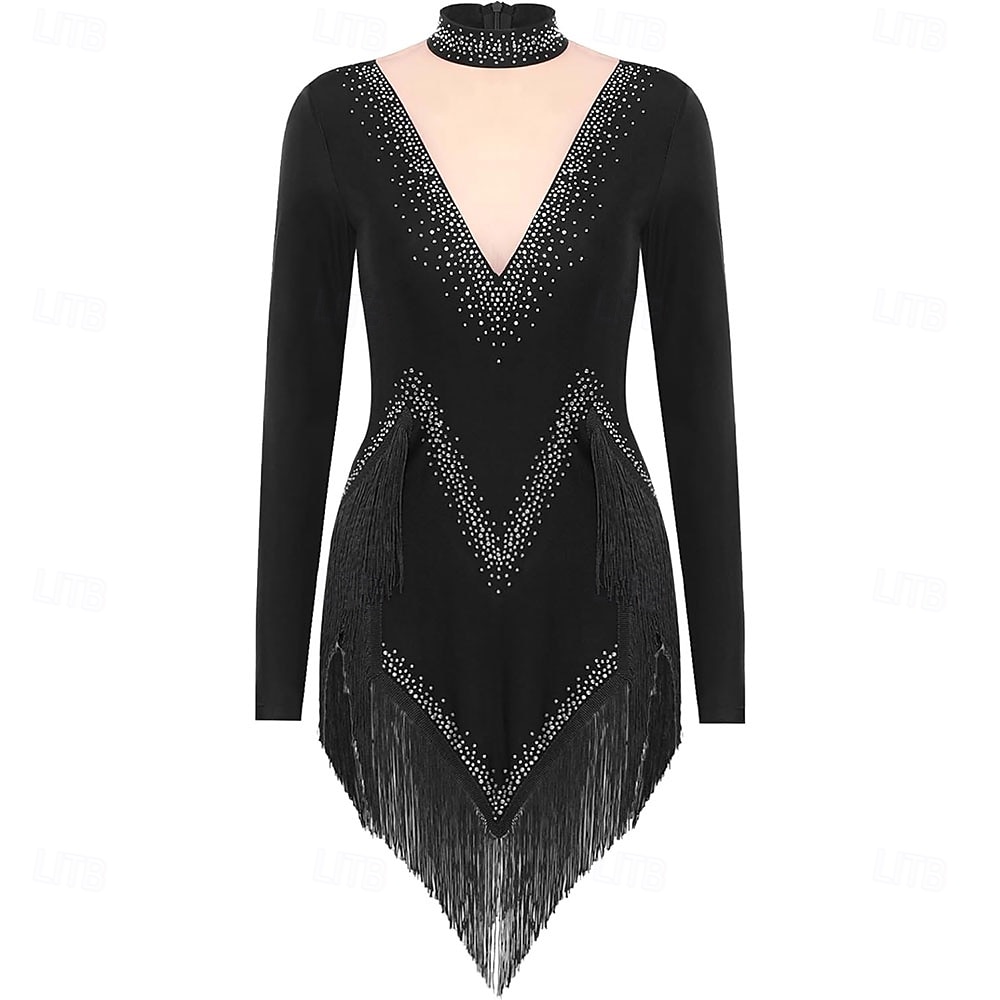 Rochie de dans latino strălucitoare pentru femei, cu mânecă lungă, cu ciucuri, cha cha, salsa, rumba, tango 2025 - $142.99 –P1