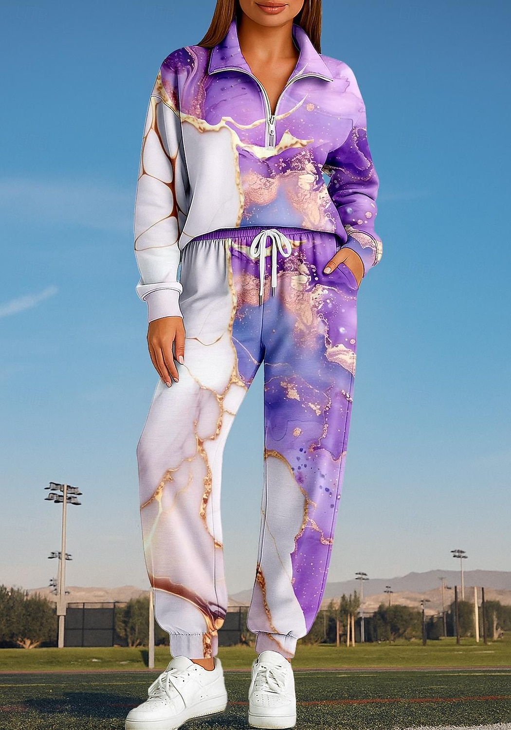 نسائي كنزة بدلة رياضية بدلة رياضية من قطعتين رباط إحزم الهندسة أطقم ملابس رياضية الخريف أرجواني مهنة الخارج السفر خفة الوزن موضة كم طويل رياضة ألبسة رياضية قابل للبسط عادي 2025 - $37.99 –P3