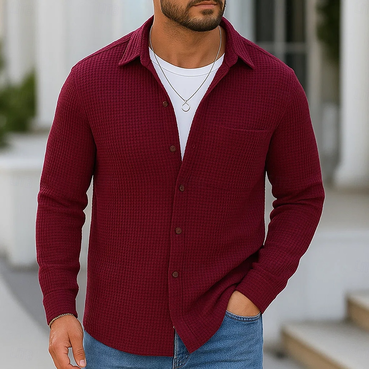 Per uomo Camicia Camicia a nido d'ape Camicia Estiva Camicia casual Camicia con Bottoni Nero Borgogna Blu Verde Kaki Manica Lunga Semplice Testurizzato Bavero Vacanza Casuale Tasca Abbigliamento Moda del 2025 a $23.99 –P9